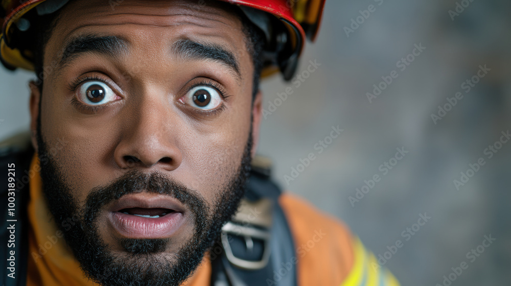 Poster A man in a fireman's uniform with an expression of surprise, AI