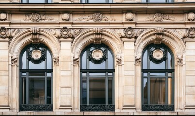 Fototapeta premium The building has three arched windows with a black frame