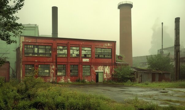 A red brick building with a green door sits in a grassy field