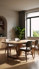 Fototapeta premium A 3D-rendered scene showcases a contemporary dining room as a comfortable home setting