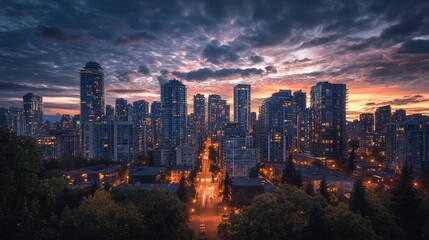Obraz premium Urban Skyline at Dusk with Dramatic Cloud Patterns