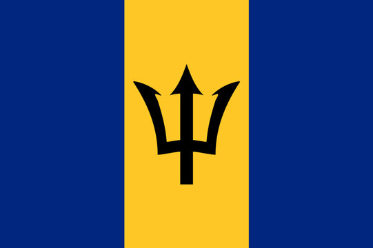 National Flag Barbados, vertical triband of ultramarine and gold with the black trident-head centred on the gold band, Broken Trident