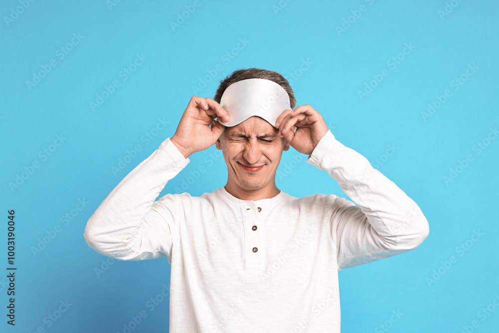 Wall mural overslept man with sleep mask on light blue background