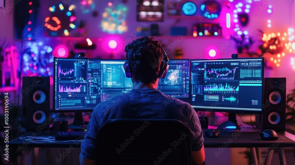 Poster data analysis setup with multiple monitors and colorful lights