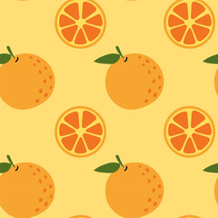 Bright orange fruit pattern on a cheerful yellow background with slices and whole oranges