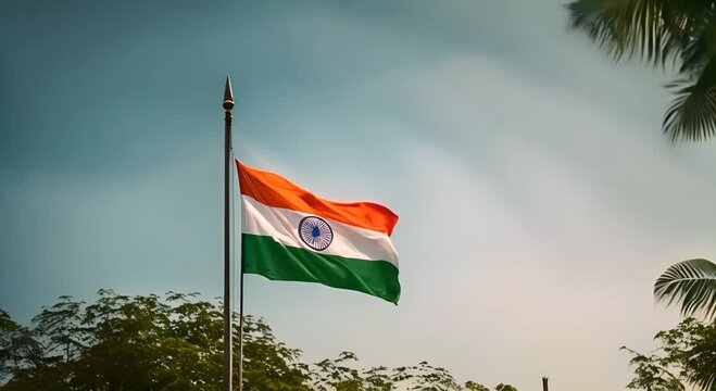 Indian flag on blue sky.