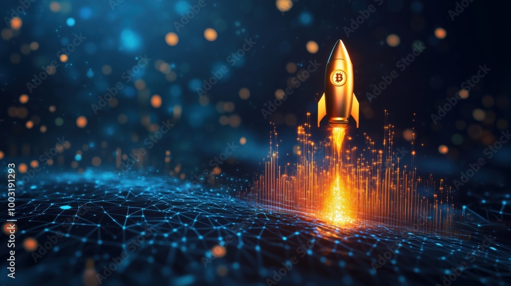 Poster rocket launching bitcoin into space, digital network background
