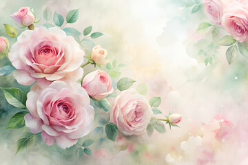 Fototapeta premium A painting of pink roses with green leaves and a white background