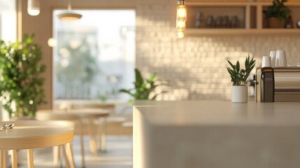 Cozy and Inviting Cafe Interior with Warm Lighting and Greenery