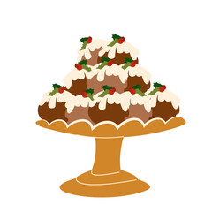 Christmas home-baked food. Christmas bakery, cakes or cute winter holiday pies with holly berries. Holiday pudding, baked dessert hand drawn vector illustration. Traditional festive homemade cakes.