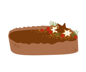 Christmas food. Christmas brownie cake or cute winter chocolate holiday pie with holly berries. Holiday pudding, baked dessert hand drawn vector illustration. Traditional festive homemade cake.