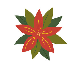 Christmas star. Poinsettia red Christmas flower cartoon vector illustration icon isolated on white background. Design element for decorative Christmas festival, New year invitations, greeting cards.