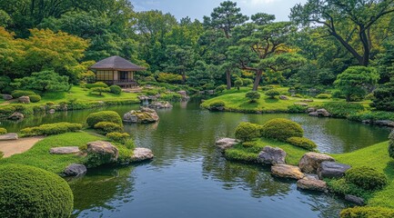Serene garden featuring lush greenery and a tranquil pond captured on a clear day with natural light