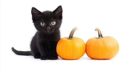 Black kitten with pumpkin on a white background