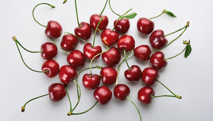 A bunch of red cherries with green stems, neatly arranged in the middle of a white background