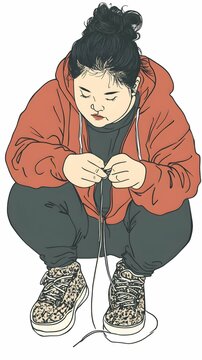 woman squatting red hoodie tying shoelaces clip art preview