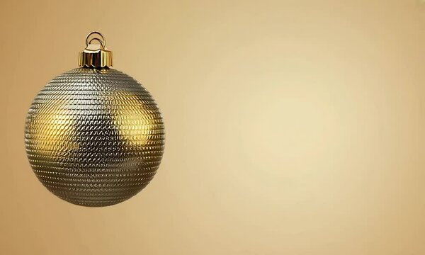 Beautifully detailed Christmas ornament tree ball with a metallic gold and silver pattern hangs gently against a warm beige background, new year, open space, minimalist, elegant