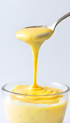 Custard being poured into a glass bowl using a spoon against a plain background