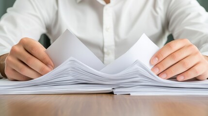 A man in a white shirt is holding papers together, AI