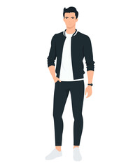 Vector illustration of a man in a black jacket, white t-shirt and black pants. Classic casual style