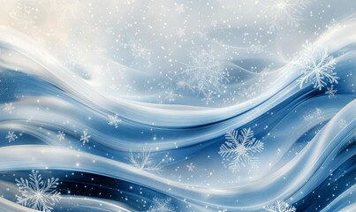 An abstract winter landscape with swirling blue and silver lines, creating a dynamic Christmas scene filled with shimmering snowflakes and soft light effects
