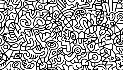 Abstract linear doodle seamless pattern. Black bold marker outline chaotic endless print on white background. Modern trendy design with scribble shapes. Contemporary monochrome art graphic wallpaper © Azat Valeev