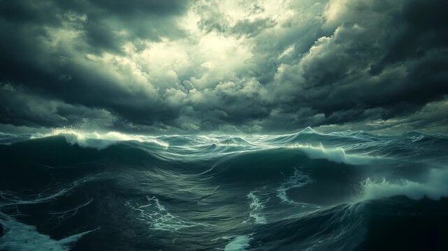 A stormy sky hangs over the rough ocean waves, a dramatic scene of nature's power