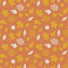 Hand drawn wallpaper art of autumn leaves. Seamless pattern and graphic background with fall elements. Yellow orange illustration.