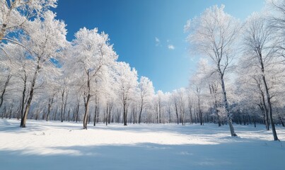 Bare trees, snow-covered ground, blue sky, winter calm