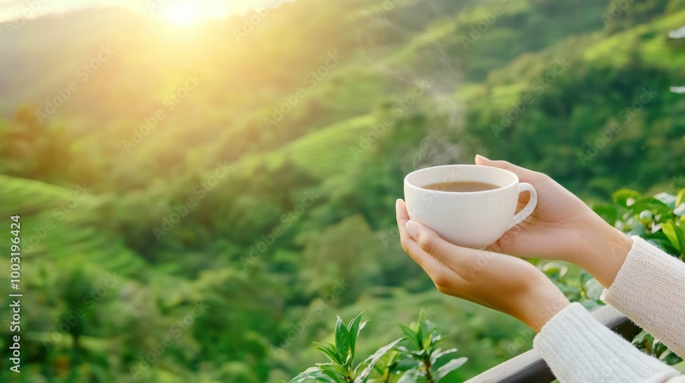 Wall mural A person holding a cup of coffee on top of some mountains, AI