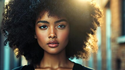 A young woman with dark skin and a voluminous afro looks intently at the camera while standing in the city