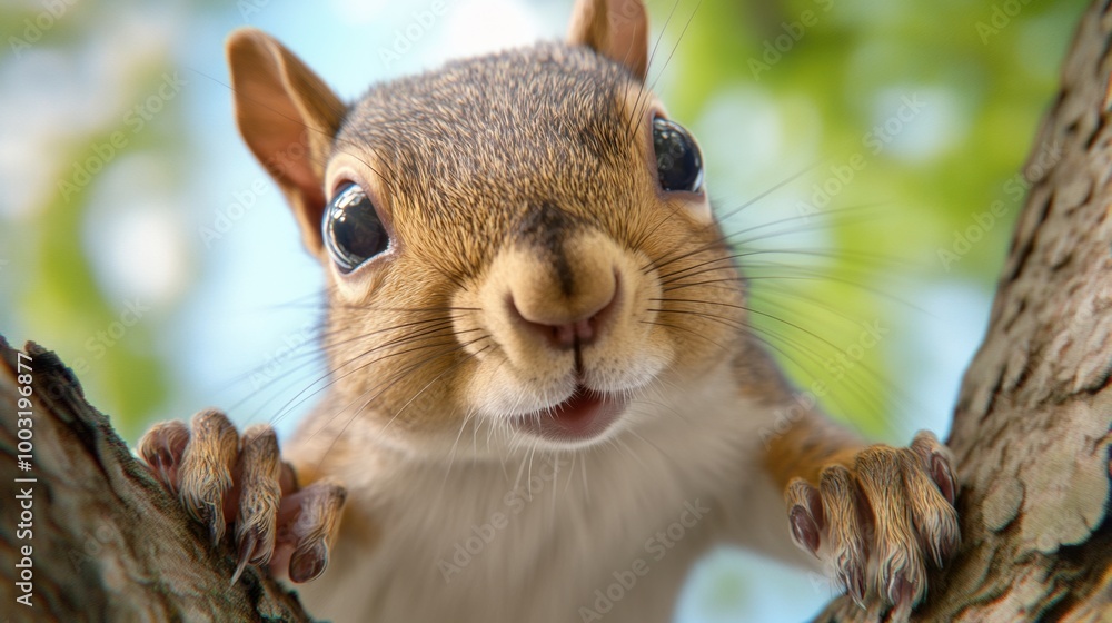 Poster a close up of a squirrel looking at the camera while climbing on top of a tree, ai