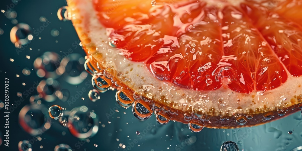 Poster close-up of a slice of grapefruit with juice streaming into a glass.