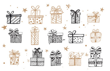 Doodle icons of gift box. Hand drawn elements.	
