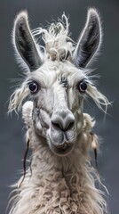 Obraz premium Close-up portrait of a llama with a curious expression, showcasing its textured fur and large, alert eyes.