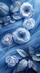 Blue roses on soft color background, romantic feminine composition, wedding invitation concept.