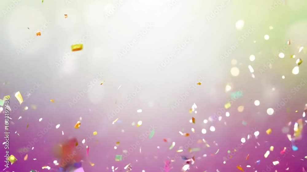 Poster multicolored confetti of various shapes and sizes falling slowly on a blurred gradient background, p