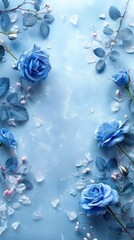 Blue roses on soft color background, romantic feminine composition, wedding invitation concept.