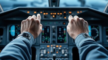 A pilot's hands on the controls of a plane in flight, AI