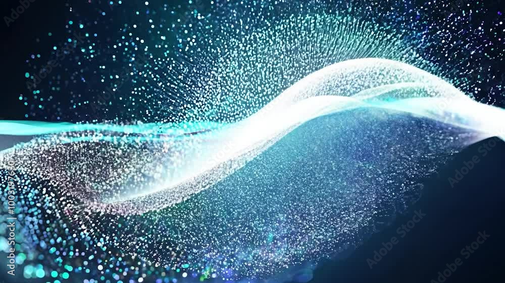 Poster abstract wave form made of particles evolving on black background. ideal for technology, science or 