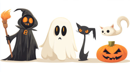 Fototapeta premium This set of Halloween characters includes a grim reaper, a ghost, a pumpkin, and a cute cat. These cartoon characters are perfect for party costumes and are illustrated in vector format.
