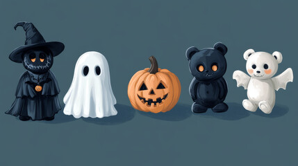 Obraz premium This set of Halloween characters includes a pumpkin, vampire, teddy bear, ghost, and grim reaper. They are all separated and ready to be used in designs.