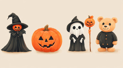 This set of Halloween characters includes a pumpkin, vampire, teddy bear, ghost, and grim reaper. They are all separated and ready to be used in designs.