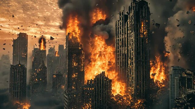 A city engulfed in flames during a devastating fire