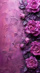 Obraz premium Purple roses on soft color background, romantic feminine composition, wedding invitation concept.