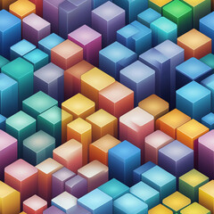 Obraz premium Seamless retro isometric 3D cube patterns with vibrant pixel art style, geometric block designs, and colorful gradients for abstract digital backgrounds, modern interfaces, and playful visual elements