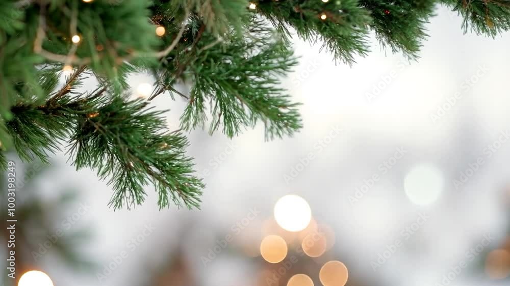 Poster christmas tree branch gently swaying with golden bokeh lights in the background. festive holiday bac