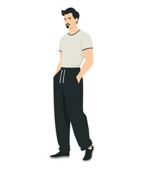 Vector illustration on a white background. A man in a white t-shirt and black pants. Minimalist style.