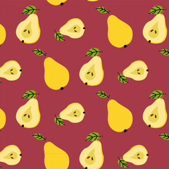 Bright yellow pears on a vibrant maroon background in a cheerful repeating pattern