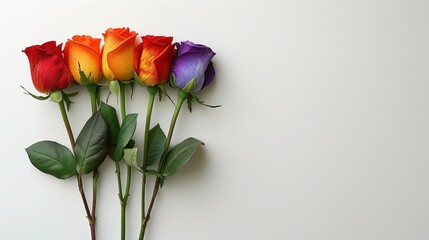 Rainbow roses on white background, romantic feminine composition, wedding invitation concept.